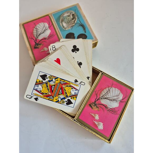 Vintage Playing Cards Set of 2 Beach Nautical Theme Blue Pink In Case Complete - Picture 5 of 6